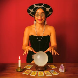 May include: A woman in a black strapless dress and a hat with a black and white pattern is seated at a wooden table. A crystal ball sits on a wooden stand, surrounded by tarot cards. A lit candle and a purple crystal are also on the table.