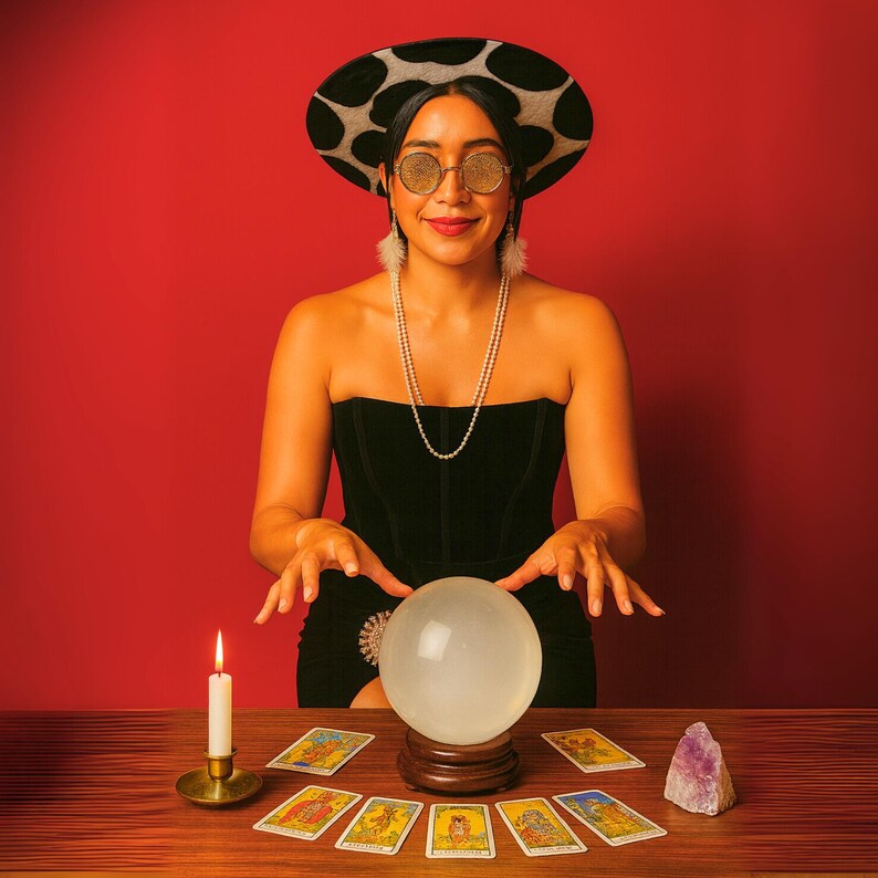 May include: A woman in a black strapless dress and a hat with a black and white pattern is seated at a wooden table. A crystal ball sits on a wooden stand, surrounded by tarot cards. A lit candle and a purple crystal are also on the table.