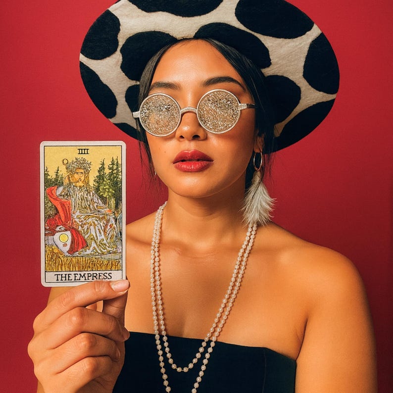 K&ouml;nnte beinhalten: Eine Person mit einem schwarz-wei&szlig; karierten Hut, runden Glitzer-Sonnenbrillen und einer Perlenkette h&auml;lt eine Tarotkarte mit der Aufschrift "THE EMPRESS". Der Hintergrund ist einfarbig rot.