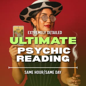 May include: An advertisement for a psychic reading. The image shows a person wearing a hat and glasses, holding a tarot card. Text on the image reads "EXTREMELY DETAILED ULTIMATE PSYCHIC READING SAME HOUR/SAME DAY."