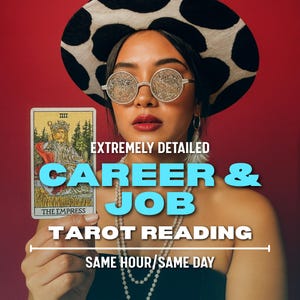 May include: An image promoting a career and job tarot reading. The image features a person wearing a hat with a black and white pattern and glittery glasses, holding a tarot card. The card is labeled "The Empress". Text on the image reads "Extremely Detailed Career & Job Tarot Reading, Same Hour/Same Day."