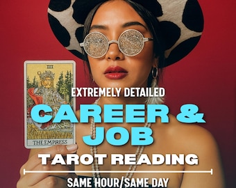 May include: An image promoting a career and job tarot reading. The image features a person wearing a hat with a black and white pattern and glittery glasses, holding a tarot card. The card is labeled "The Empress". Text on the image reads "Extremely Detailed Career & Job Tarot Reading, Same Hour/Same Day."