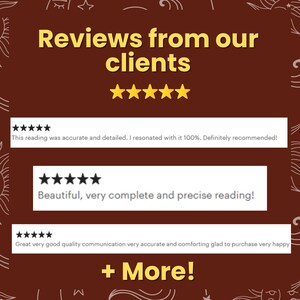 K&ouml;nnte beinhalten: Braune Grafik mit dem Text "Reviews from our clients" in Gelb. Das Bild zeigt f&uuml;nf goldene Sterne, gefolgt von Kundenbewertungen mit F&uuml;nf-Sterne-Bewertungen. Der Text "+ More!" steht unten.