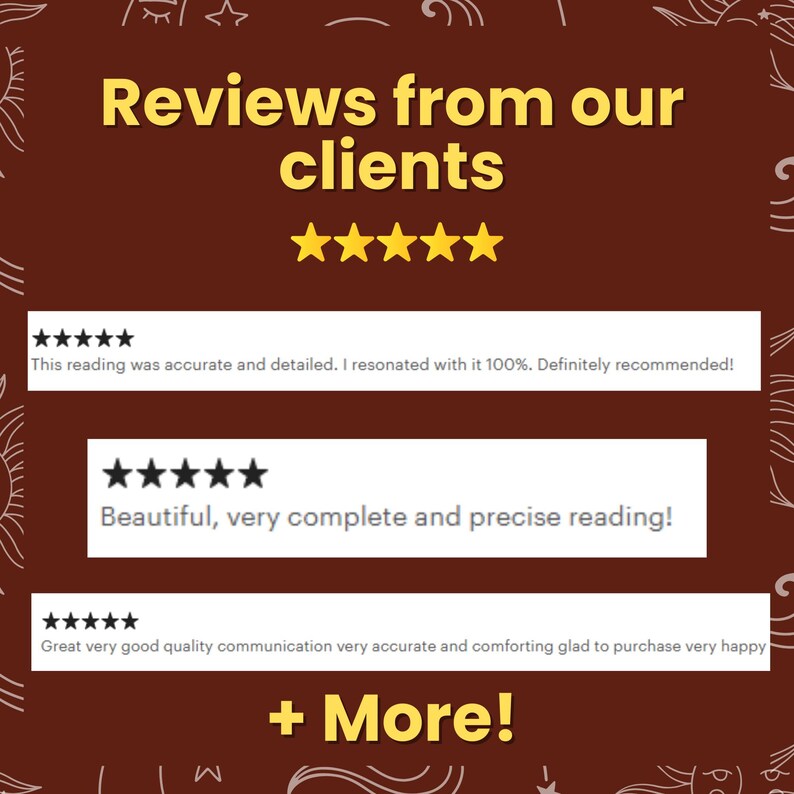 K&ouml;nnte beinhalten: Braune Grafik mit dem Text "Reviews from our clients" in Gelb. Das Bild zeigt f&uuml;nf goldene Sterne, gefolgt von Kundenbewertungen mit F&uuml;nf-Sterne-Bewertungen. Der Text "+ More!" steht unten.
