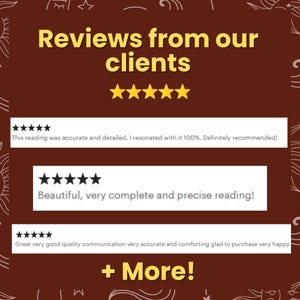 May include: A brown graphic with the text "Reviews from our clients" in yellow. The image features five gold stars, followed by customer reviews with five-star ratings. The text "+ More!" is at the bottom.