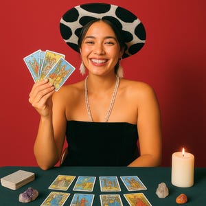 May include: A woman wearing a black strapless top and a black and white spotted hat holds tarot cards. A lit candle and other tarot cards are on a green table. A pearl necklace and feather earrings are also visible.