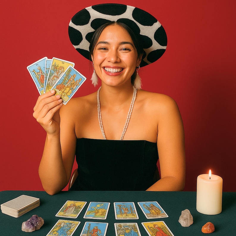 May include: A woman wearing a black strapless top and a black and white spotted hat holds tarot cards. A lit candle and other tarot cards are on a green table. A pearl necklace and feather earrings are also visible.