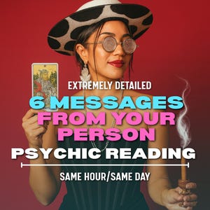 Könnte beinhalten: Bild mit dem Text "EXTREM DETAILLIERT 6 NACHRICHTEN VON IHRER PERSON PSYCHISCHE LESUNG GLEICHE STUNDE/GLEICHER TAG". Eine Person hält eine Tarotkarte und einen rauchenden Räucherstäbchen. Der Hintergrund ist ein Rotverlauf.