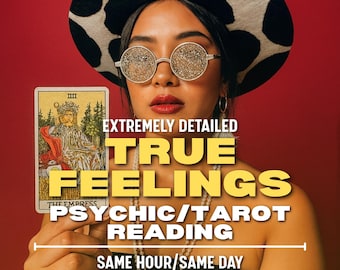 May include: Image features a person wearing a black and white hat, glitter-covered sunglasses, and holding a tarot card. The card is labeled "The Empress." Text overlay reads "EXTREMELY DETAILED TRUE FEELINGS PSYCHIC/TAROT READING SAME HOUR/SAME DAY."