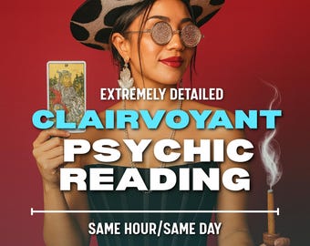 May include: A woman wearing a hat and glasses holds a tarot card and a smoking incense stick. The image has text that reads "EXTREMELY DETAILED CLAIRVOYANT PSYCHIC READING SAME HOUR/SAME DAY". The background is a gradient of red.