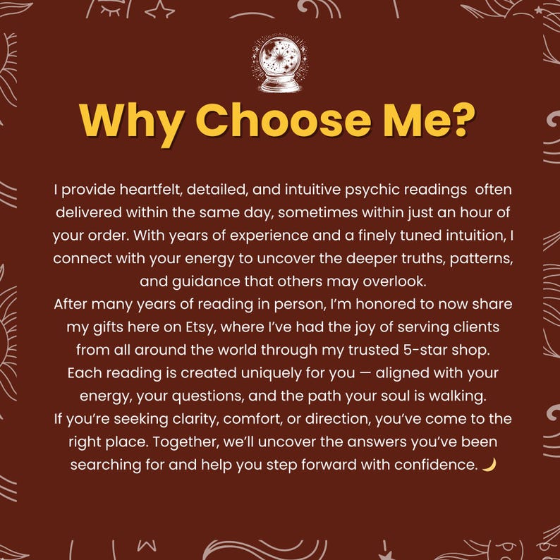 K&ouml;nnte beinhalten: Ein weinroter Hintergrund mit dem Text "Why Choose Me?" in Gelb. Der Text beschreibt hellseherische Lesungen und betont Intuition, Klarheit und F&uuml;hrung. Oben befindet sich eine Kristallkugel-Grafik.