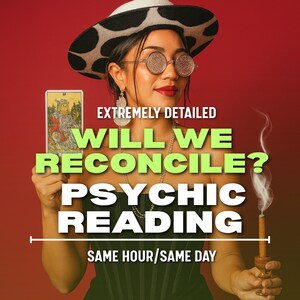 以下が含まれることがあります： 占いリーディングの広告。黒い水玉模様の帽子、丸いメガネをかけ、タロットカードを持っている人物が写っています。画像には「WILL WE RECONCILE？PSYCHIC READING」と「SAME HOUR/SAME DAY」と書かれています。