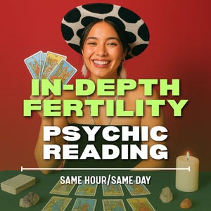 以下が含まれることがあります： 赤い背景の前で、笑顔の人がタロットカードを持っています。「IN-DEPTH FERTILITY PSYCHIC READING」というテキストが緑と白で表示されています。火のついたろうそくとタロットカードが緑色の表面にあります。