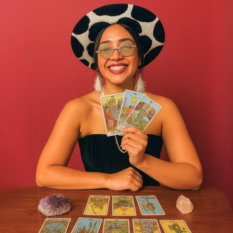 May include: A woman wearing a black strapless top, a cow-print hat, and round glasses smiles while holding tarot cards. Several tarot cards are displayed on a wooden table, along with a purple amethyst and a pink crystal.