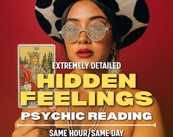 May include: A woman wearing a cow-print hat and glitter-rimmed glasses holds a tarot card. The card features an illustration of a figure in a red robe. Text on the image reads "EXTREMELY DETAILED HIDDEN FEELINGS PSYCHIC READING SAME HOUR/SAME DAY."