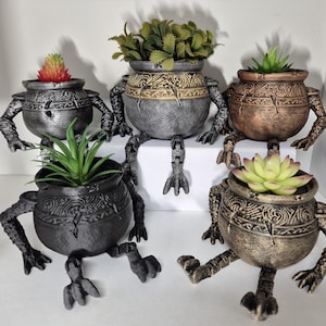 Può includere: Cinque fioriere decorative a forma di calderone con braccia e gambe, ognuna con una diversa succulenta o pianta. Le fioriere sono in varie finiture metalliche, tra cui argento, bronzo e nero, con disegni in rilievo dettagliati.