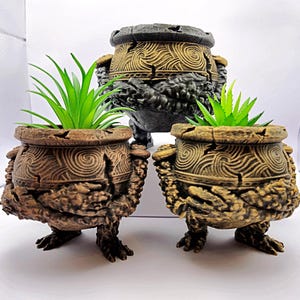 Könnte beinhalten: Drei dekorative Blumentöpfe mit einem einzigartigen Design. Die Töpfe sind braun und schwarz mit einem strukturierten, verwitterten Aussehen. Jeder Topf hat eine grüne Pflanze im Inneren. Die Töpfe haben ein detailliertes, geschnitztes Muster und werden von kleinen Füßen getragen.