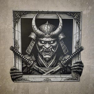 Könnte beinhalten: Schwarz-Weiß-Illustration eines Samurai-Kriegers mit gehörntem Helm und Rüstung, der zwei Schwerter hält. Das Kunstwerk ist in einem dekorativen Rahmen eingefasst, der den Eindruck erweckt, der Krieger würde durchbrechen.