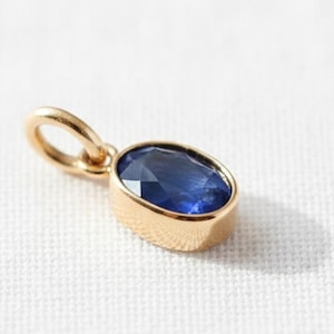 Op de afbeelding: Een gouden hanger met een ovale, diepblauwe edelsteen. De edelsteen is gezet in een gouden bezel en heeft een kleine lus voor een ketting. De hanger wordt getoond tegen een witte achtergrond.