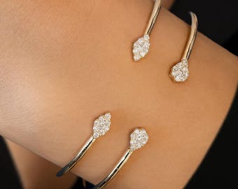 Pear Shape Lab Grown Diamond Open Cuff Bangle, Round Diamond Daily Wear Bangle, 14K Solid Gold Bangle, Conflict Free Diamond Wedding Bangle