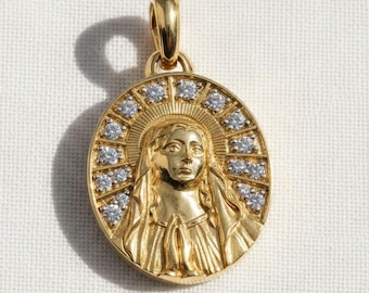 14K Gold Erzengel Michael Anhänger: 14K Gelbgold Diamant Halskette