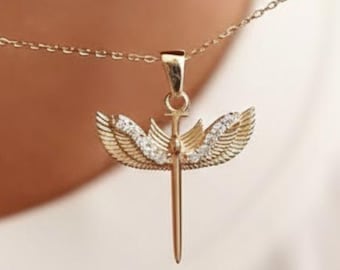 14K Solid Gold Diamant St. Michael Halskette, Erzengel Anhänger, Schutzengel