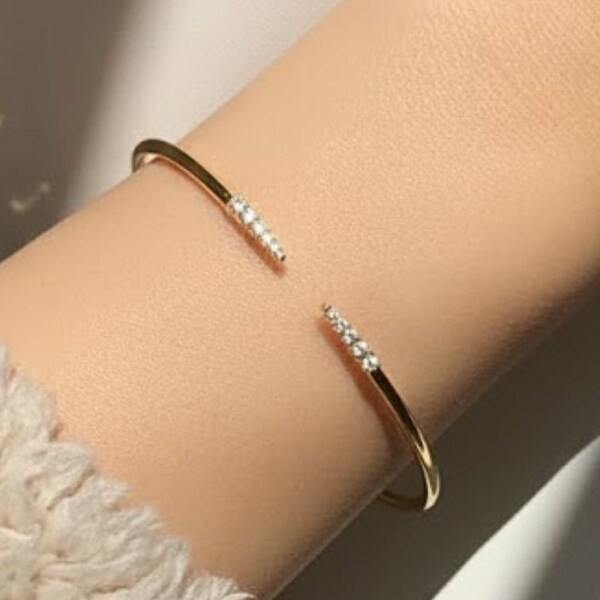 Gold Bangle Bracelet for Women, Round Cut Diamond Bracelet Bangle, Gold Open Bracelet, Diamond Bangle Bracelet, Gift For Her