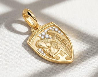 14K Gold St Michael Medaillon Halskette mit Labor gewachsenen Diamanten, katholischer Anhänger, religiöses Geschenk für Männer, Schildschmuck, Schutzhalskette