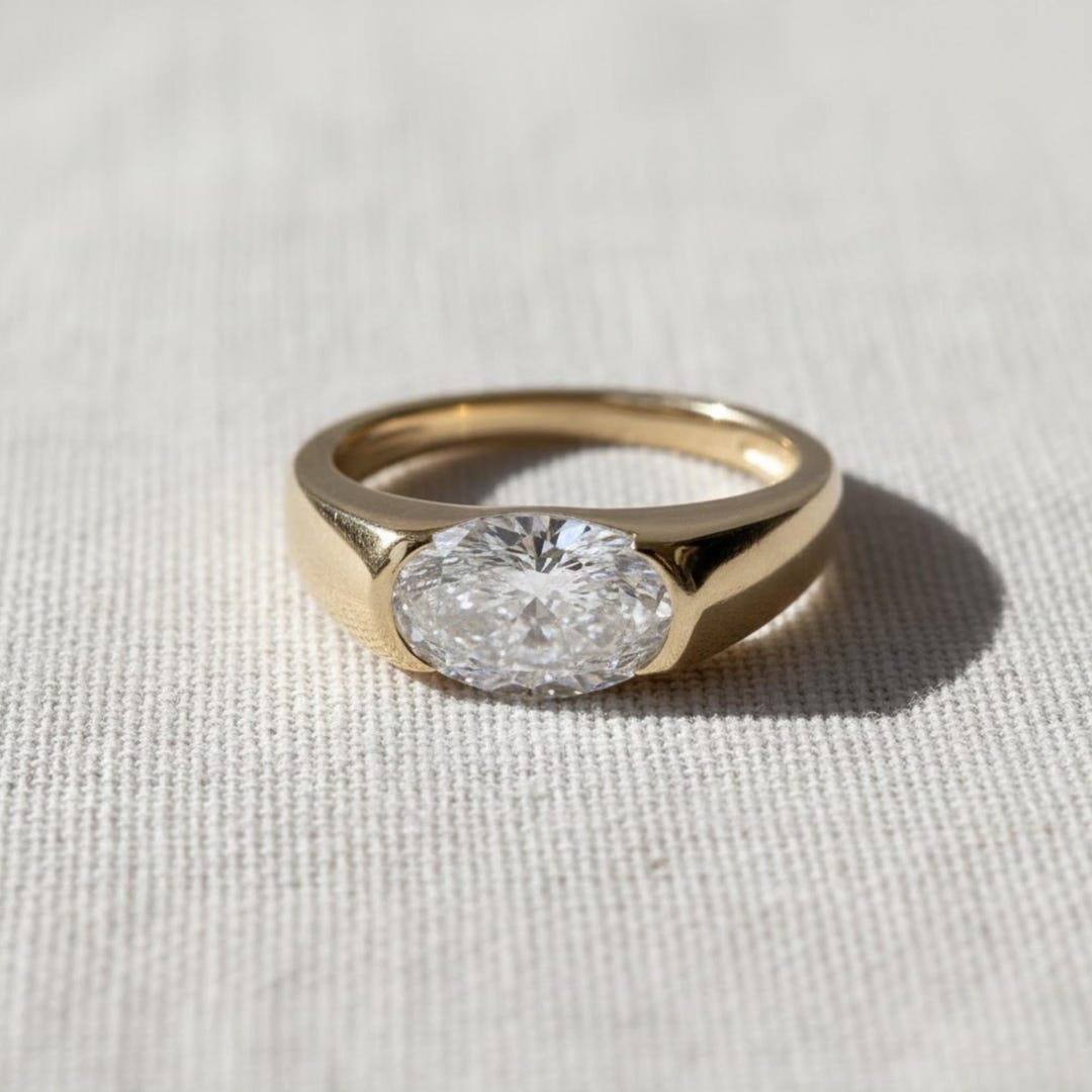 1.5ct Oval Lab Diamond East West Ring | Yellow Gold Bezel Signet ...