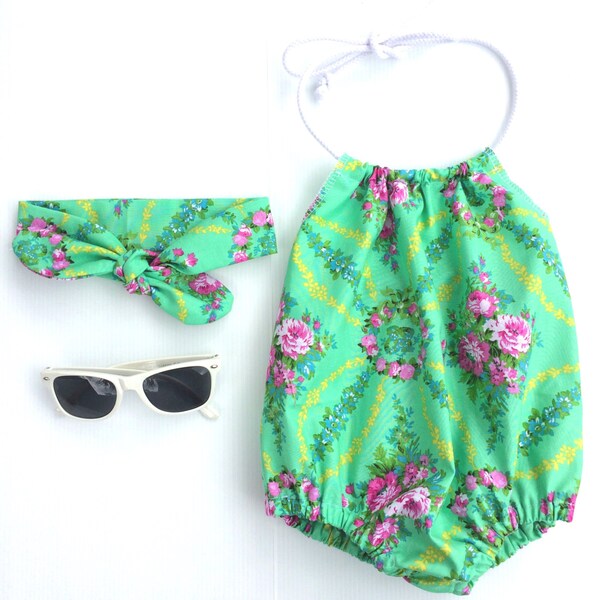 Emerald Boho Baby Girl Romper with knotted headband
