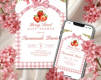 Berry Sweet Baby Shower Invitation Template - Printable & Digital, Strawberry Theme, Editable Girl Party Invite