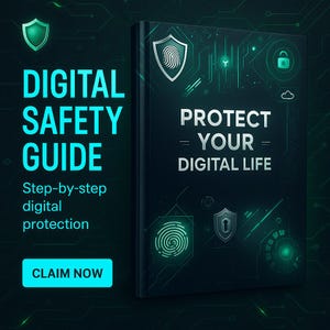 Pode incluir: Um guia de segurança digital com o texto "DIGITAL SAFETY GUIDE" e "Step-by-step digital protection". A capa do livro diz "PROTECT YOUR DIGITAL LIFE". O design apresenta ícones de escudo, impressão digital e cadeado, todos em cor verde-azulado.