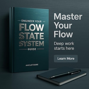 May include: A teal book titled "Engineer Your Flow State System Guide" with silver lettering. Beside it is a notebook with a pen, and text that reads "Master Your Flow" and "Deep work starts here."