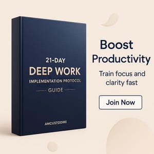 May include: A navy blue book titled "21-DAY DEEP WORK GUIDE" with the text "Implementation Protocol." The book is next to text that says "Boost Productivity" and "Train focus and clarity fast." A button says "Join Now."