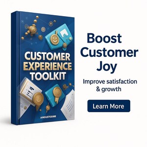 May include: A dark blue book titled "CUSTOMER EXPERIENCE TOOLKIT" with gold lettering. The cover features 3D elements, including teal squares with gold smiley faces and a gold medal. The text "Boost Customer Joy" is displayed next to the book.