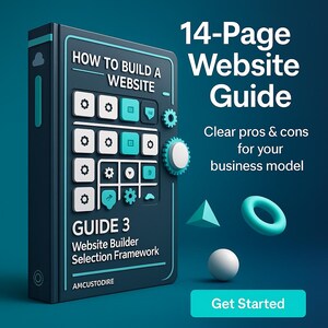 Op de afbeelding: Een donkerblauwe gids getiteld "How to Build a Website" met de tekst "14-Page Website Guide". De gids bevat de tekst "Clear pros & cons for your business model" en "Guide 3 Website Builder Selection Framework". De call-to-action-knop zegt "Get Started".