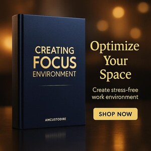 May include: A navy blue book with the title "CREATING FOCUS ENVIRONMENT" in gold lettering. The image also features the text "Optimize Your Space" and "Create stress-free work environment". A "SHOP NOW" button is also visible.