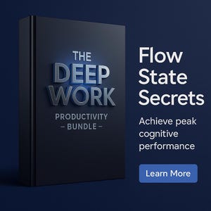 May include: A dark blue book with the title "THE DEEP WORK PRODUCTIVITY - BUNDLE -" in silver lettering. The text "Flow State Secrets" and "Achieve peak cognitive performance" are displayed on the right. A blue "Learn More" button is at the bottom.