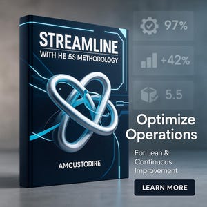 Könnte beinhalten: Ein dunkelblaues Buchcover mit dem Titel "STREAMLINE WITH HE 5S METHODOLOGY" in Weiß. Eine silberne, ineinander verschlungene abstrakte Form befindet sich in der Mitte. Der Text "Optimize Operations" und "LEARN MORE" sind ebenfalls sichtbar.