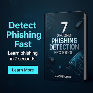 Może przedstawiać: Ciemnoniebieska okładka książki z tytułem "7 Second Phishing Detection Protocol". Okładka zawiera tekst "Detect Phishing Fast" i "Learn phishing in 7 seconds". Książka zawiera również tekst "Learn More".