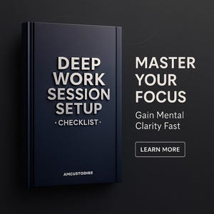 May include: A navy blue book with the title "DEEP WORK SESSION SETUP" in silver lettering. The book also includes the text "CHECKLIST" and the author's name, "AMCUSTODIRE." To the right, the text "MASTER YOUR FOCUS" and "Gain Mental Clarity Fast" are displayed.