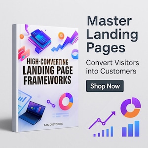 Op de afbeelding: Boekomslag met de titel "High-Converting Landing Page Frameworks" en de woorden "Master Landing Pages". De omslag toont een laptop, grafieken en abstracte graphics in paars, blauw en oranje. De tekst "Convert Visitors into Customers" is ook zichtbaar.