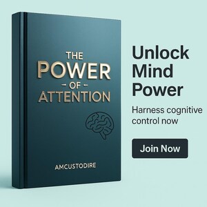 May include: A teal book with the title "The Power of Attention" in gold lettering and a brain illustration. The text "Unlock Mind Power" and "Harness cognitive control now" are also displayed. A black button reads "Join Now".