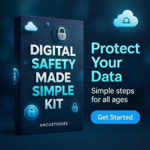 Puede incluir: Una caja de producto con el texto "DIGITAL SAFETY MADE SIMPLE KIT" y un icono de candado. También se muestra el texto "Protect Your Data" y "Simple steps for all ages". Una nube azul está en el fondo.
