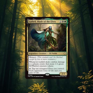 May include: A Magic: The Gathering card featuring Lathril, Blade of the Elves. The card has a green and black border with an illustration of an elf warrior in green and blue attire. Text includes the card's name, abilities, and power/toughness.