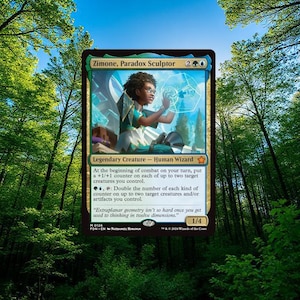 May include: A Magic: The Gathering card featuring Zimone, Paradox Sculptor. The card has a blue and gold border with text and a colorful illustration of a person with glasses. The card is a Legendary Creature - Human Wizard.
