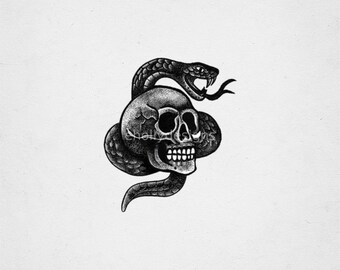 Snake and Skull Tattoo Flash – Traditional Blackwork by EHolly