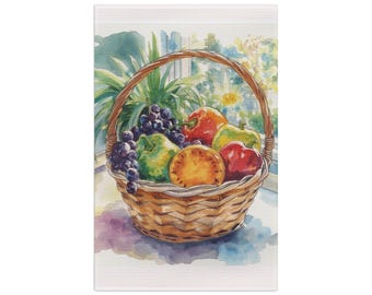 Paño de cocina de microfibra con estampado de cesta de frutas en acuarela / Decoración de cocina, estilo rústico
