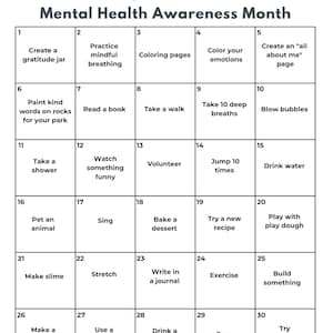 Pode incluir: Um calendário imprimível intitulado "30 Dias de Autocuidado" para o Mês de Conscientização sobre Saúde Mental. O calendário apresenta 30 quadrados com atividades de autocuidado como "Crie um pote de gratidão" e "Beba um smoothie."