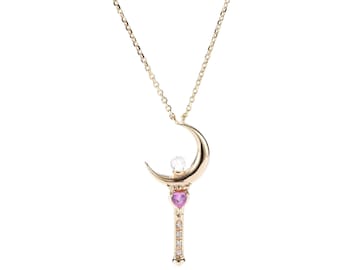 Colar Moonstick, colar delicado de anime, presente especial de aniversário, design exclusivo de lua crescente, joia em prata e ouro